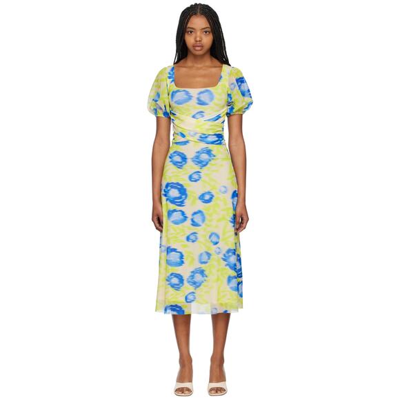 Ganni Printed Mesh Maxi Dress Strong Blue Green Floral Blue Square Neck 42 XL - Picture 16 of 16
